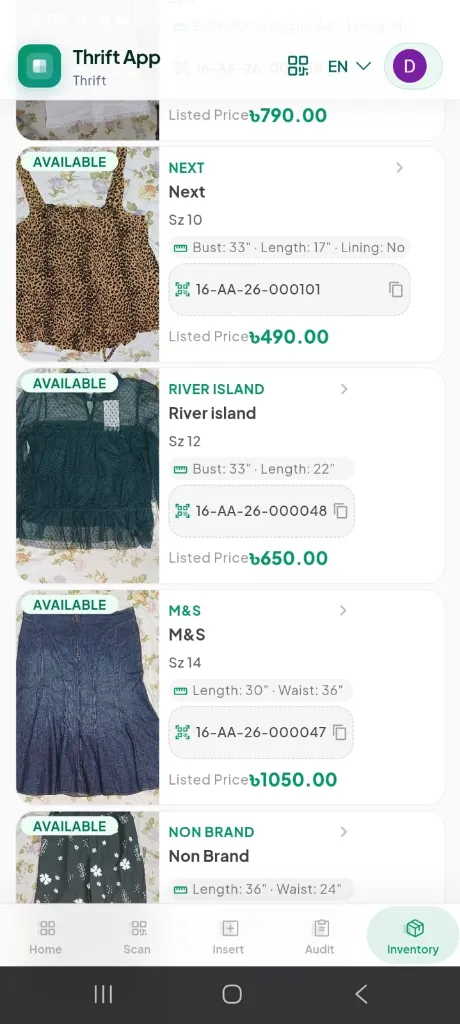 Thrift App Live Inventory Feed with Barcode & Garment Specifications